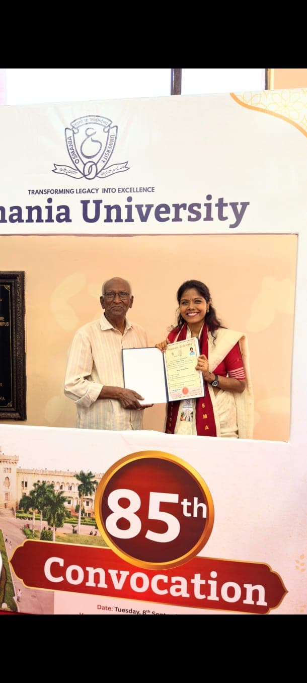 ఉస్మానియా 85వ స్నాతకోత్సవంలో పెద్దపల్లి తేజస్వికి పీహెచ్డీ పట్టా